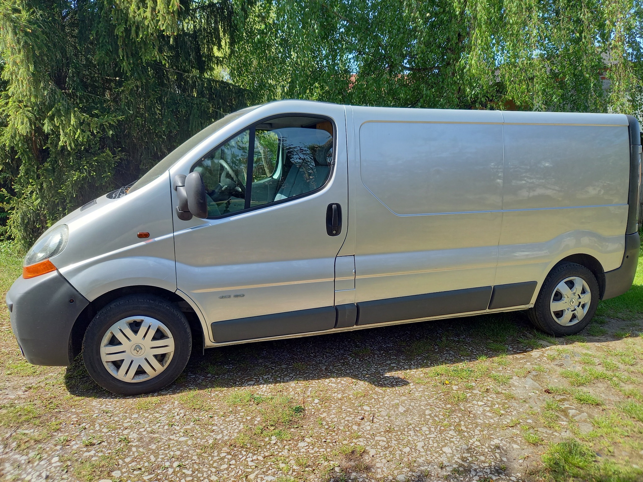 Srebrny bus Renault Trafic zaparkowany na trawiastym podłożu, widok z boku na tle zieleni drzew.