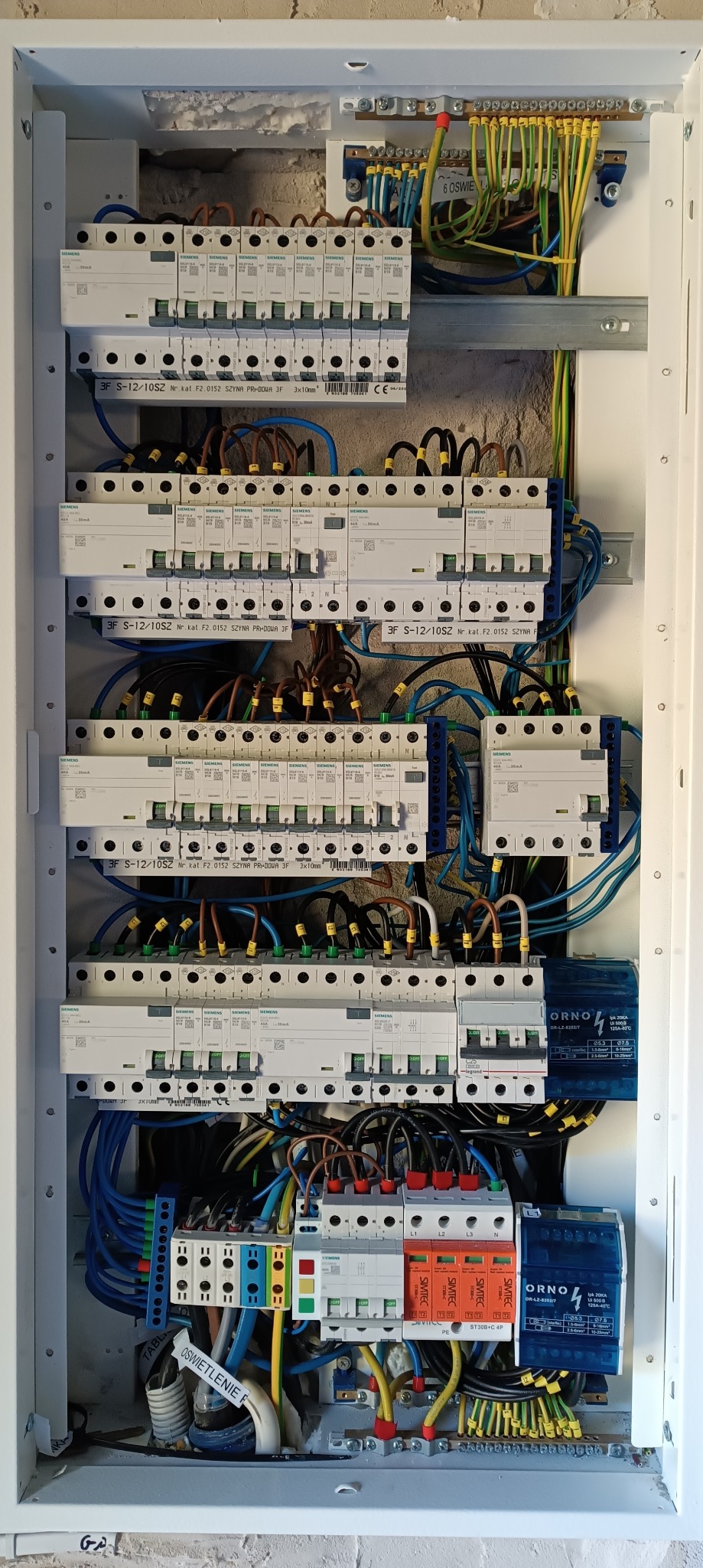 Rozdzielnica elektryczna z zainstalowanymi bezpiecznikami, wyłącznikami różnicowoprądowymi i ogranicznikami przepięć. Widoczne przewody w różnych kolorach i oznaczenia na urządzeniach.