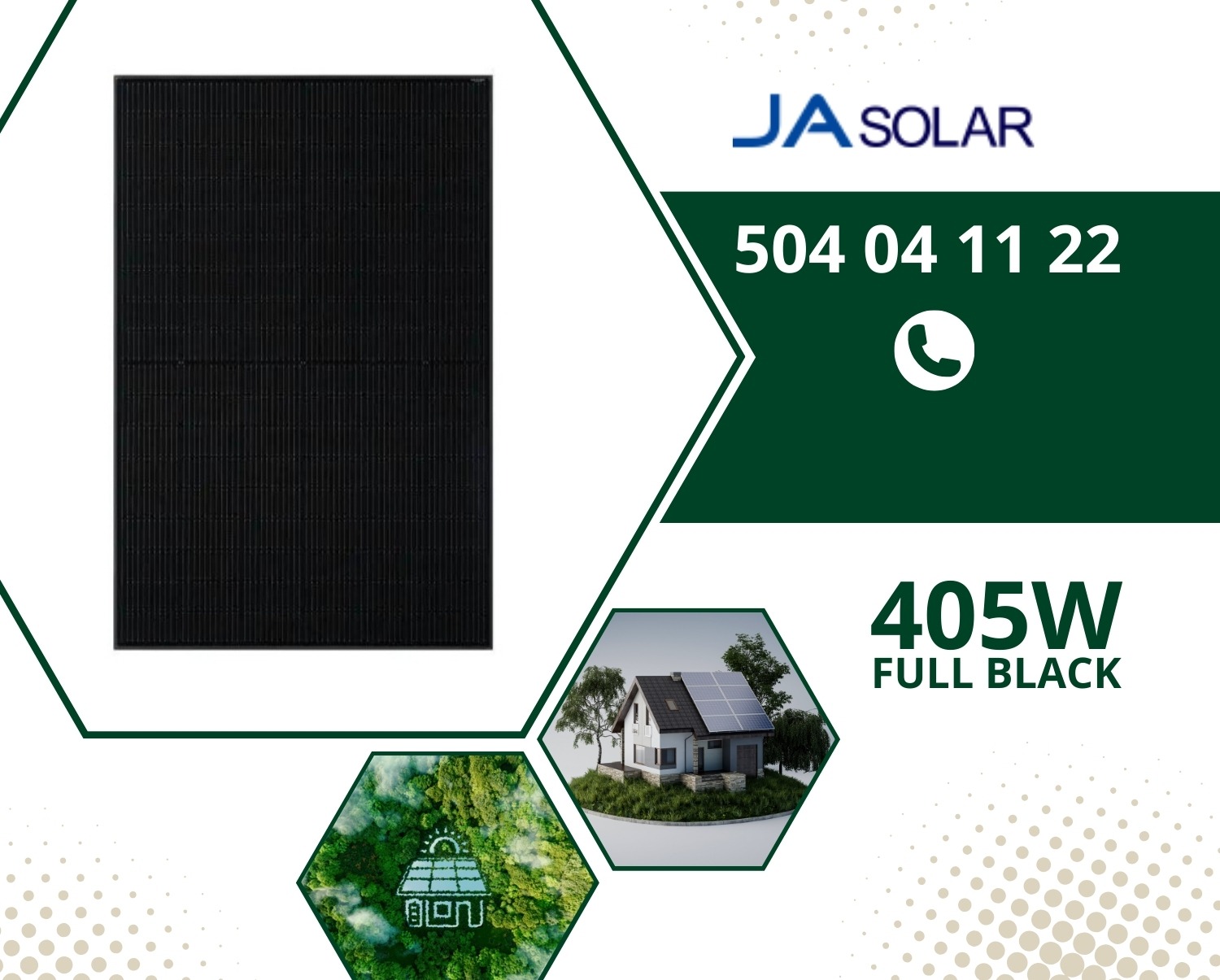 Panel fotowoltaiczny JA Solar 405W Full Black, prezentacja produktu na tle wizualizacji domu z instalacją, numer telefonu kontaktowego.