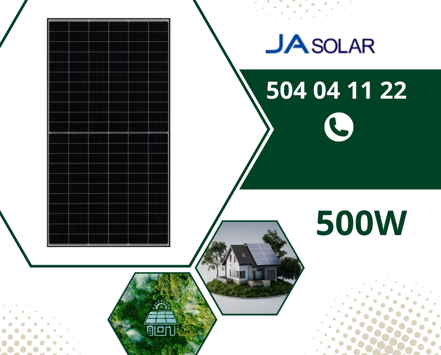 Panel solarny JA Solar o mocy 500W, ilustracja domu z panelami na dachu, logo firmy i numer telefonu kontaktowego.