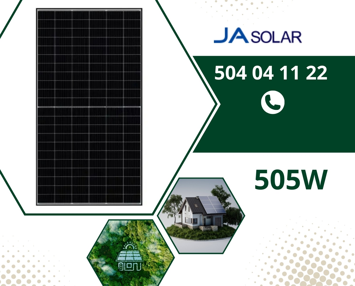 Grafika reklamowa panelu fotowoltaicznego JA Solar 505W z numerem telefonu i wizualizacją domu z panelami.