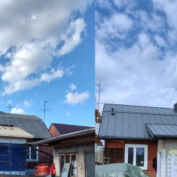 R-PRO KAROLINA RURARZ - Zdjęcie 'przed i po' przedstawia remont dachu domu. Po lewej stronie widoczny stary dach, po prawej nowy, blaszany. Dom jest drewniany z elementami murowanymi.