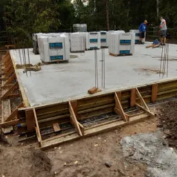 Zalany fundament pod dom, zbrojenie pionowe, szalunek drewniany, bloczki SIL-PRO na betonie. Dwóch pracowników w tle. Drzewa w tle. Prace budowlane w toku.