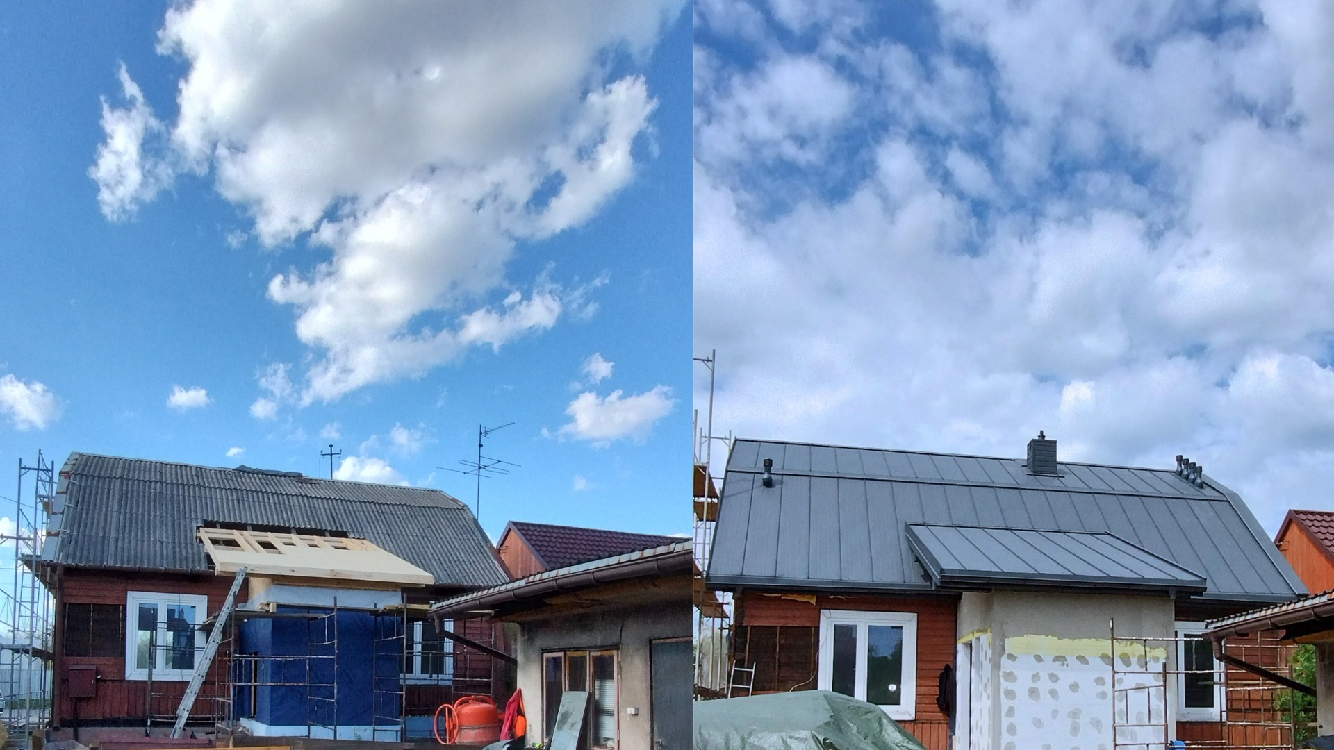 Zdjęcie 'przed i po' przedstawia remont dachu domu. Po lewej stronie widoczny stary dach, po prawej nowy, blaszany. Dom jest drewniany z elementami murowanymi.