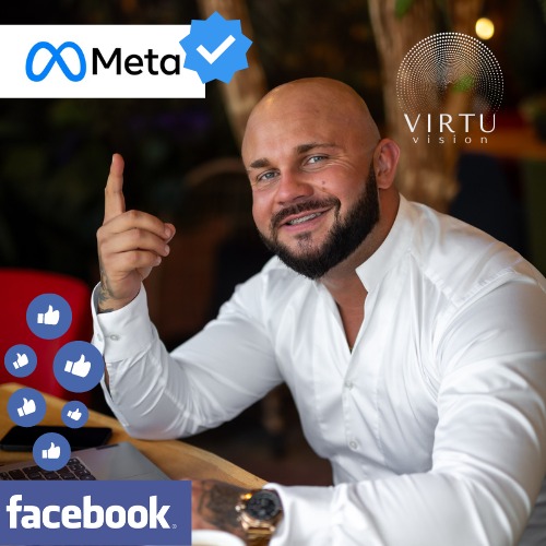 Uśmiechnięty mężczyzna w białej koszuli siedzi przy biurku z laptopem, wskazując palcem w górę na logo Meta z niebieskim symbolem weryfikacji, otoczony ikonami polubień Facebooka, z logo firmy...