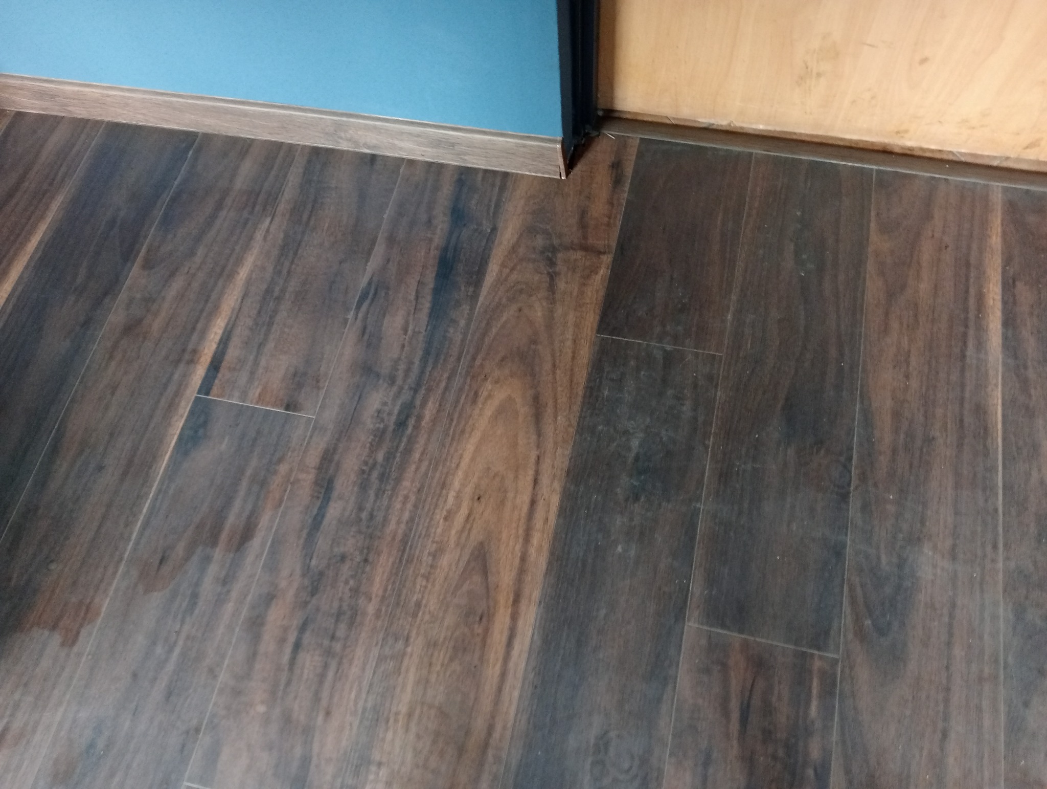 Ułożone panele podłogowe w odcieniach brązu, z widoczną listwą przypodłogową i fragmentem pomalowanej na niebiesko ściany oraz drewnianych drzwi.