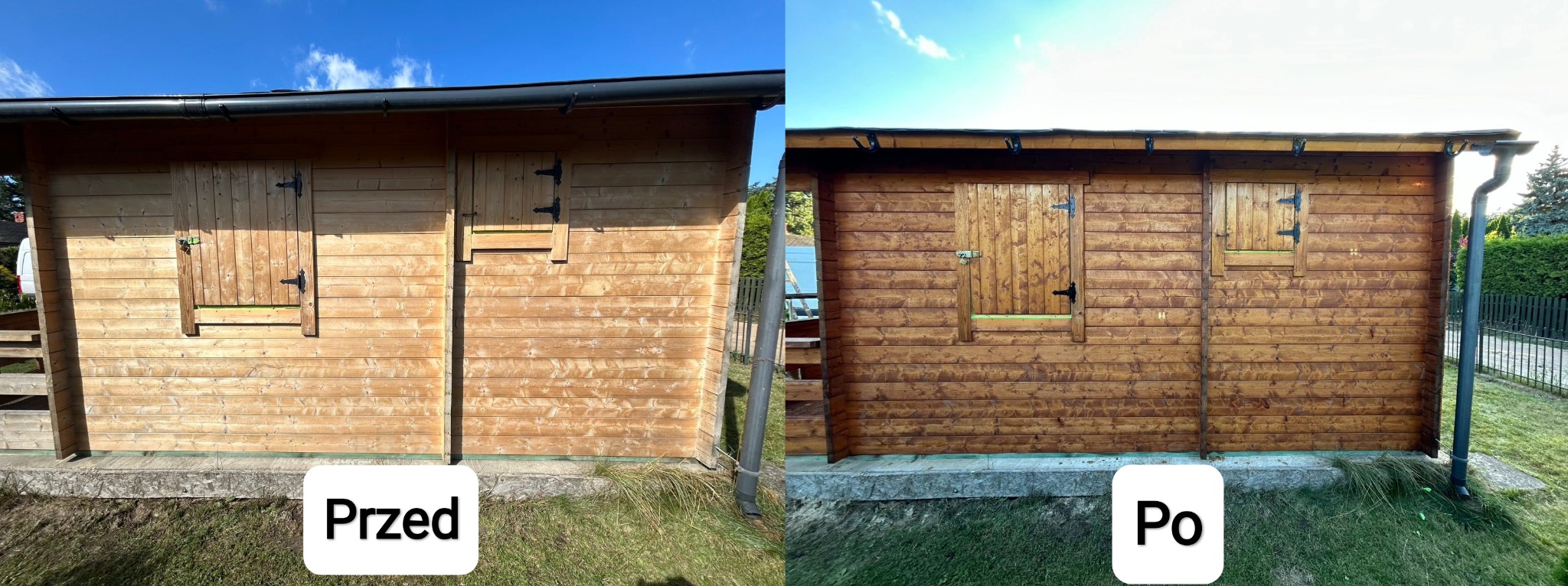 Porównanie stanu drewnianego domku przed i po renowacji, ukazujące różnicę w wyglądzie drewna po zabiegu. Część 'Przed' prezentuje jaśniejszy odcień, a część 'Po' charakteryzuje się głębokim...