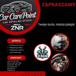 Grafika reklamowa studia auto detailingu Car Care Point: logo, oferta (mycie, pielęgnacja lakieru i wnętrza, czyszczenie felg), kontakt i zdjęcia auta po zabiegach.