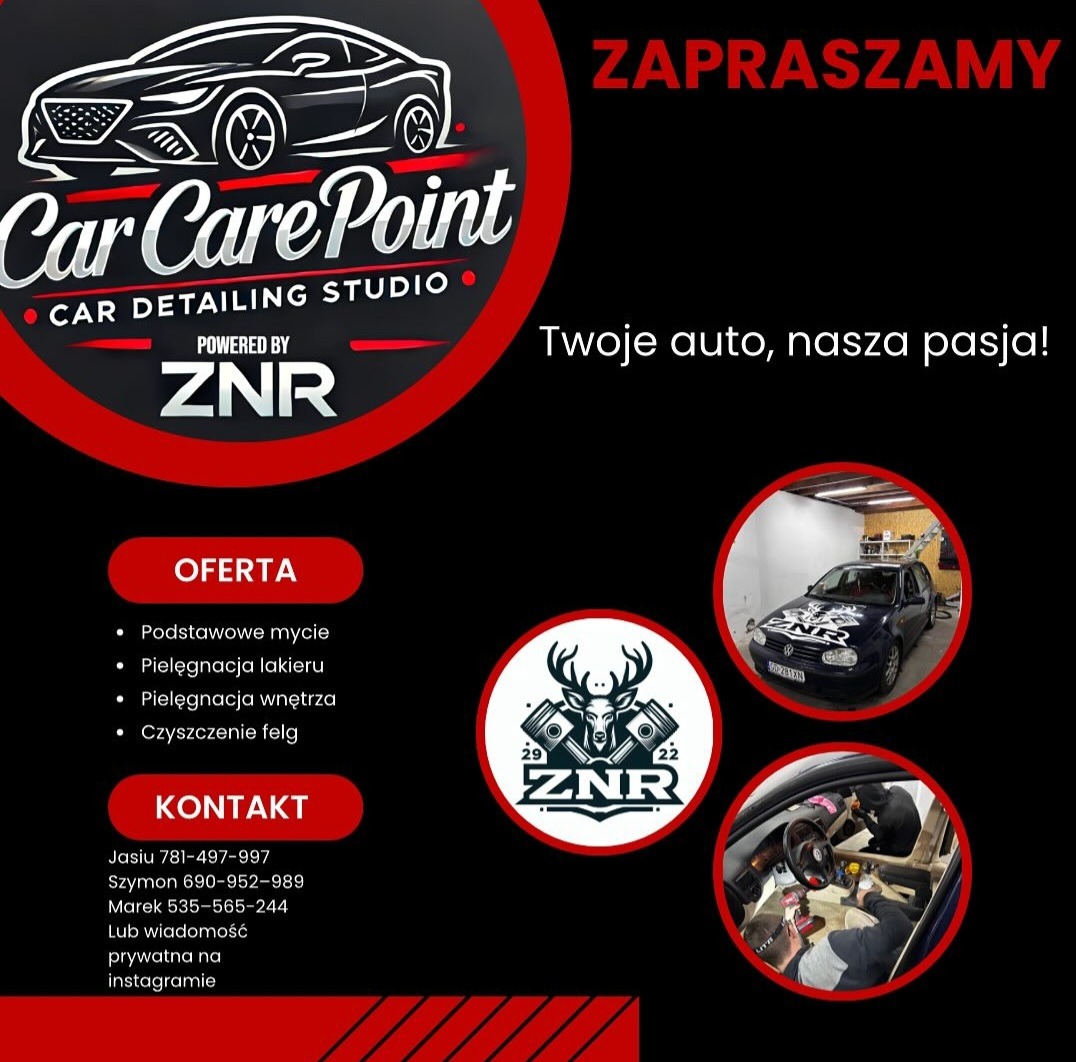 Grafika reklamowa studia auto detailingu Car Care Point: logo, oferta (mycie, pielęgnacja lakieru i wnętrza, czyszczenie felg), kontakt i zdjęcia auta po zabiegach.