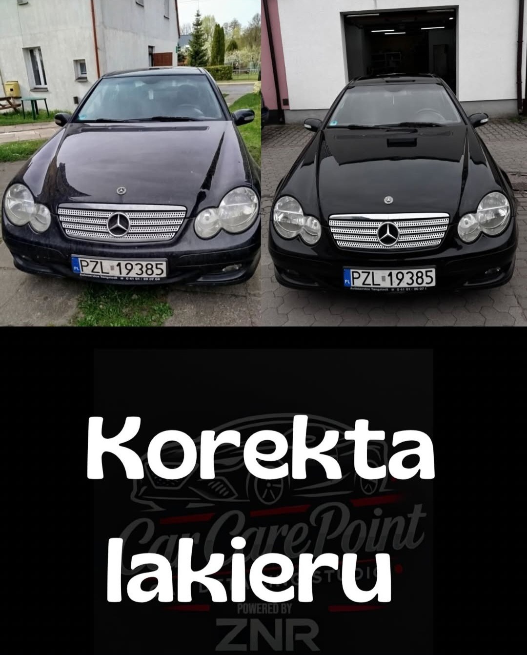 Mercedes C-klasa: 'przed' z matowym lakierem i 'po' korekcie, z połyskiem. Tablica rejestracyjna PZL 19385. Poprawa lakieru wykonana przez Car Care Point.
