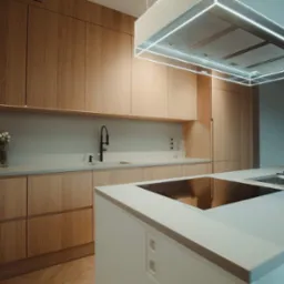 Nowoczesna kuchnia z drewnianymi frontami szafek, białym blatem i wyspą, oświetlona lampą sufitową z neonowym obramowaniem i wiszącą lampą.