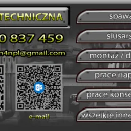 Grafika reklamowa firmy oferującej pomoc techniczną, z numerem telefonu, adresem e-mail, kodami QR do kontaktu przez WhatsApp i e-mail, oraz listą usług: spawanie, ślusarstwo, montaż/demontaż...