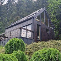 D&W - Nowoczesny dom z ciemnego drewna z dużymi oknami i balustradą z lin, wkomponowany w zalesione wzgórze.