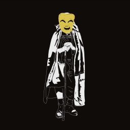 Martyna Tomczak - Grafika wektorowa przedstawiająca postać w płaszczu i masce z laską na czarnym tle.