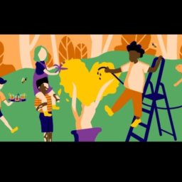 Martyna Tomczak - Ilustracja wektorowa przedstawia różnorodną grupę ludzi dbających o ogród: osoba podlewa drzewo w kształcie serca z drabiny, inna przycina je nożycami, a osoba na wózku inwalidzkim podlewa rośliny...