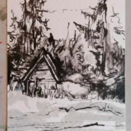 Czarno-biały szkic tuszem przedstawiający chatę w lesie zimą, z widocznymi drzewami iglastymi i śniegiem. Użyto techniki szybkiego szkicowania z rozmytymi liniami i cieniowaniem.