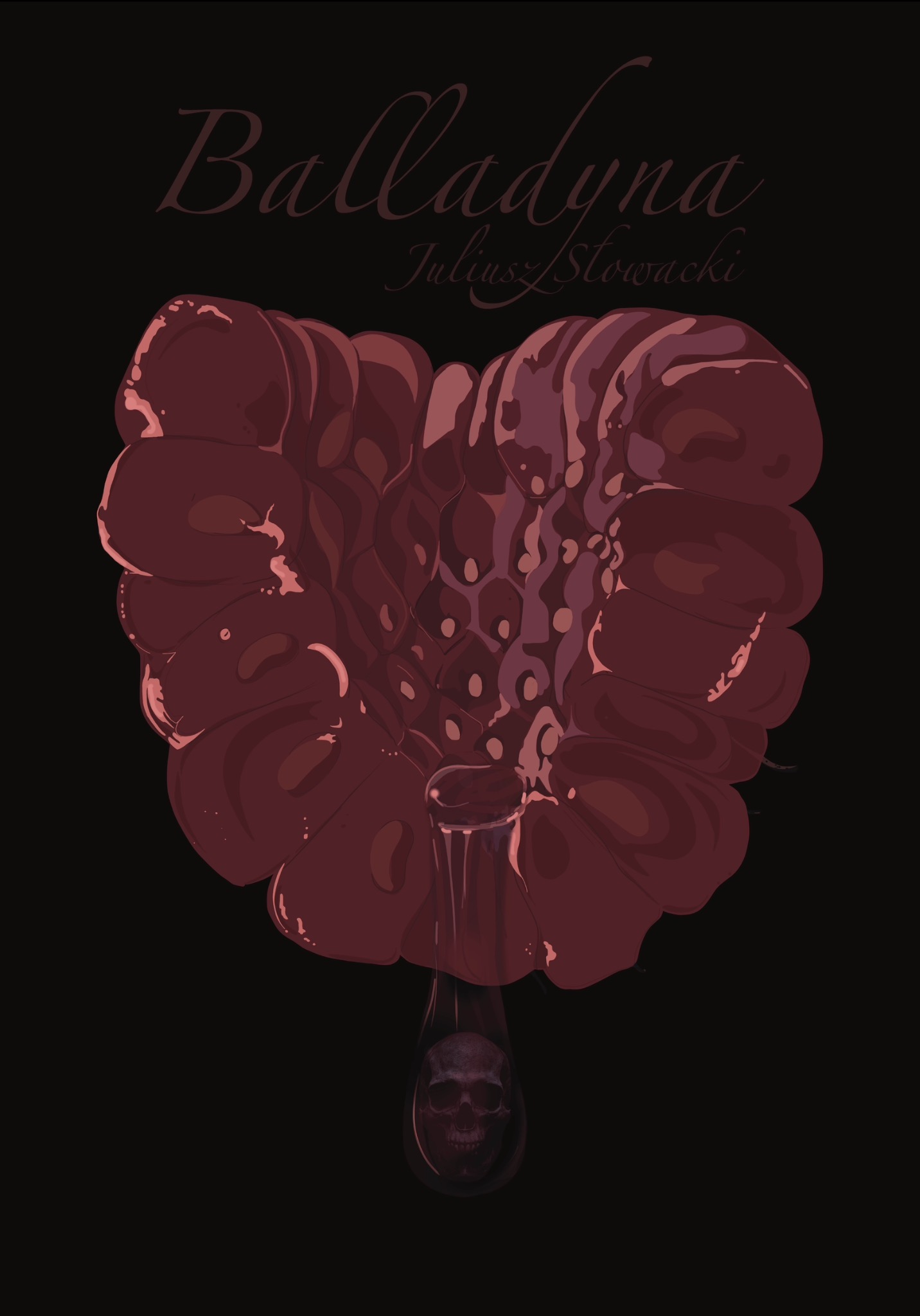 Ilustracja okładki książki 'Balladyna' Juliusza Słowackiego, przedstawiająca stylizowany kwiat z kroplą, w której odbija się czaszka, na czarnym tle.