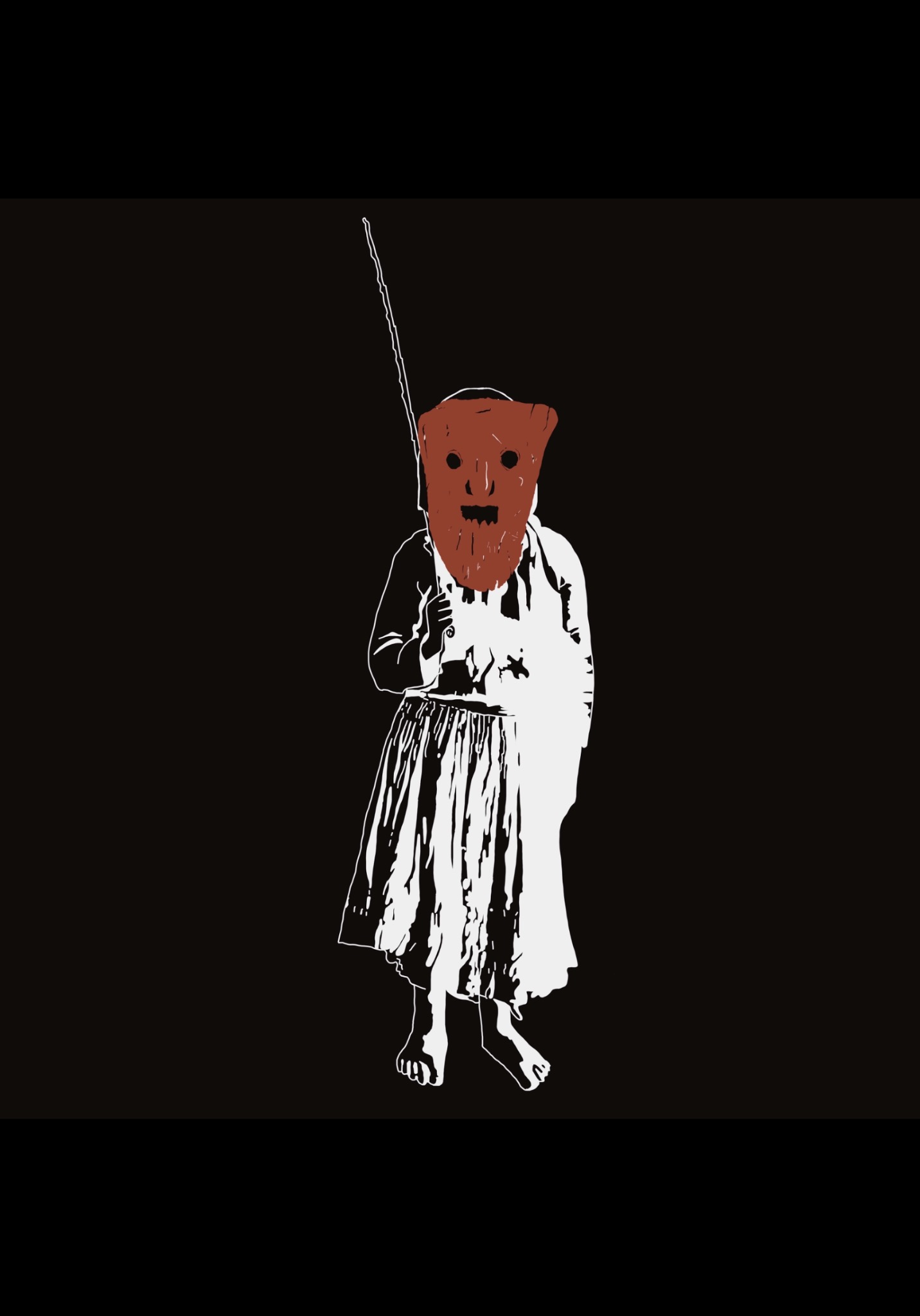 Stylizowana grafika wektorowa przedstawiająca postać w masce i sukience, utrzymana w czarno-białej kolorystyce z brązowymi akcentami na masce, przypominająca ilustrację z horroru.