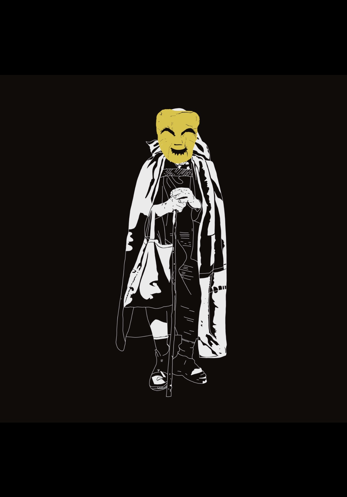 Grafika wektorowa przedstawiająca postać w płaszczu i masce z laską na czarnym tle.