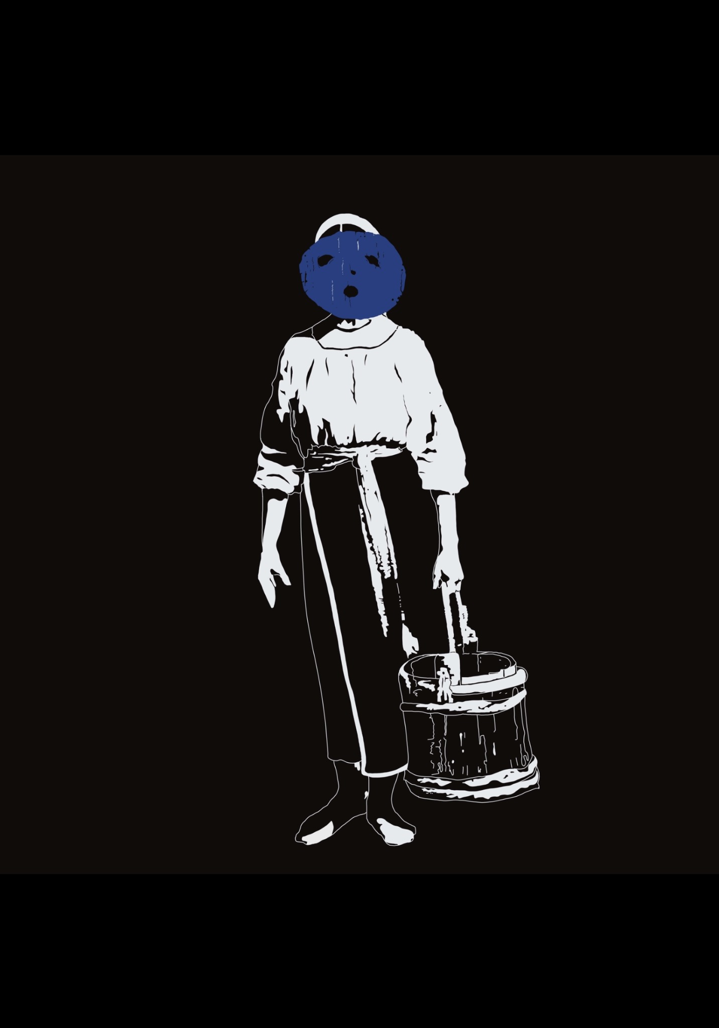 Stylizowana grafika przedstawiająca postać kobiety w ludowym stroju z niebieską, okrągłą plamą zamiast twarzy, trzymającą drewniane wiadro na czarnym tle.