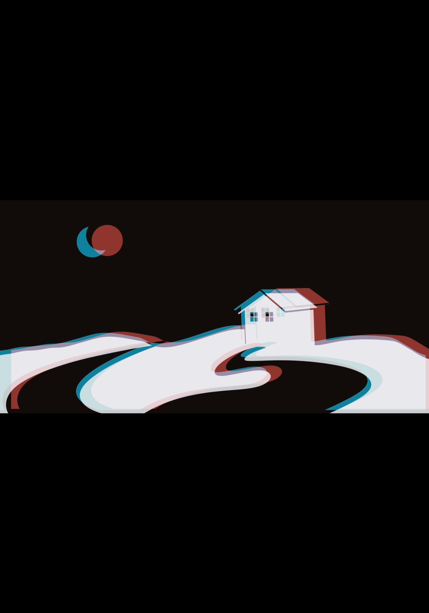 Grafika wektorowa przedstawiająca biały dom z czerwonym dachem na wzgórzu pod nocnym niebem z księżycem, z efektem anaglifu 3D.