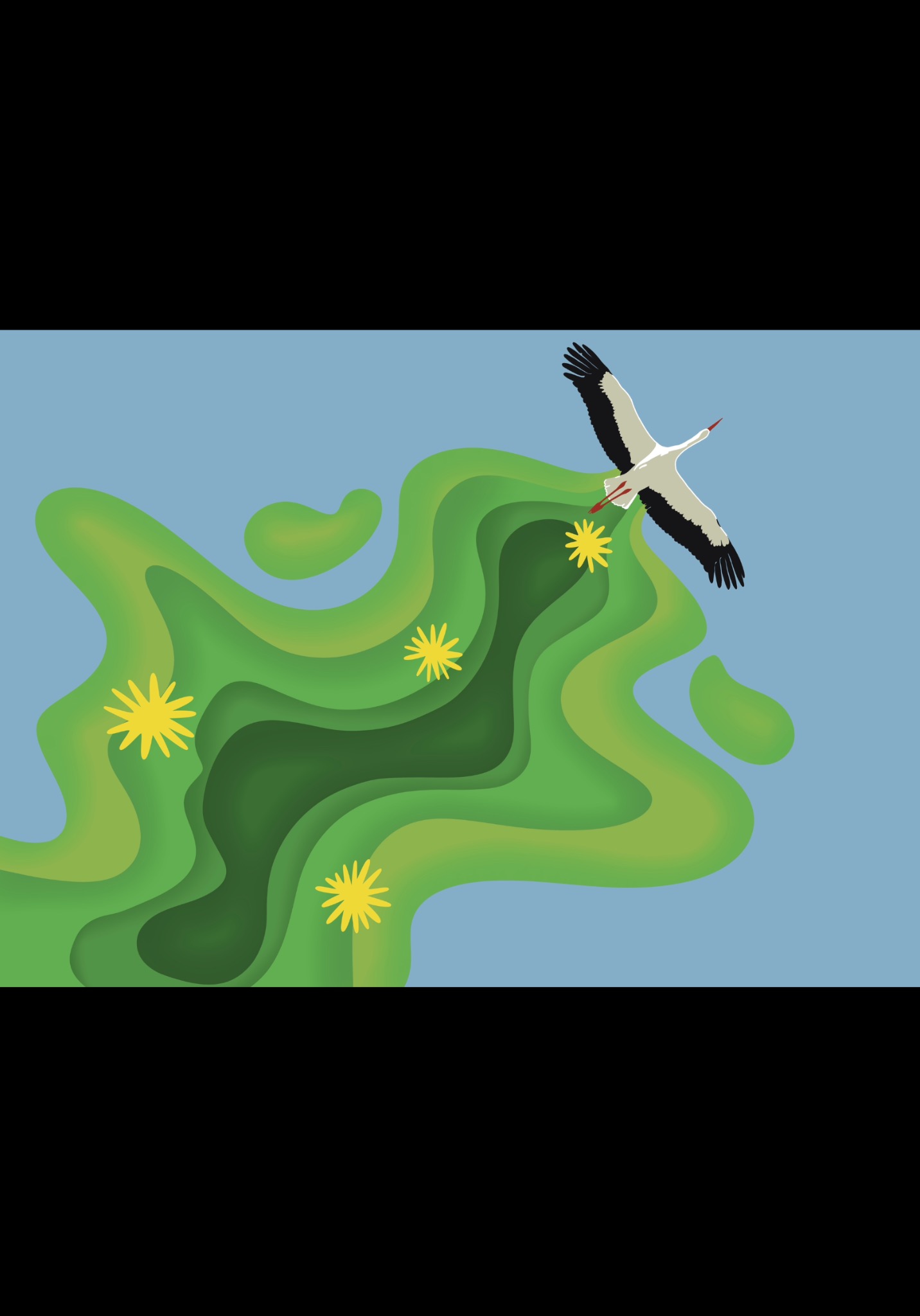 Stylizowana grafika przedstawia lecącego bociana nad zielonymi wzgórzami i żółtymi kwiatami na tle błękitnego nieba, przypominająca wycinankę warstwową.