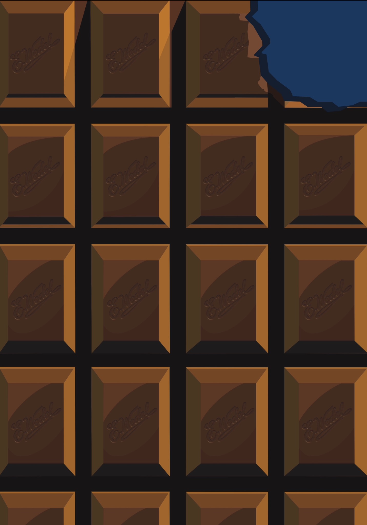 Grafika przedstawiająca tabliczkę czekolady z odłamanym kawałkiem, ukazującą niebieskie tło pod spodem.