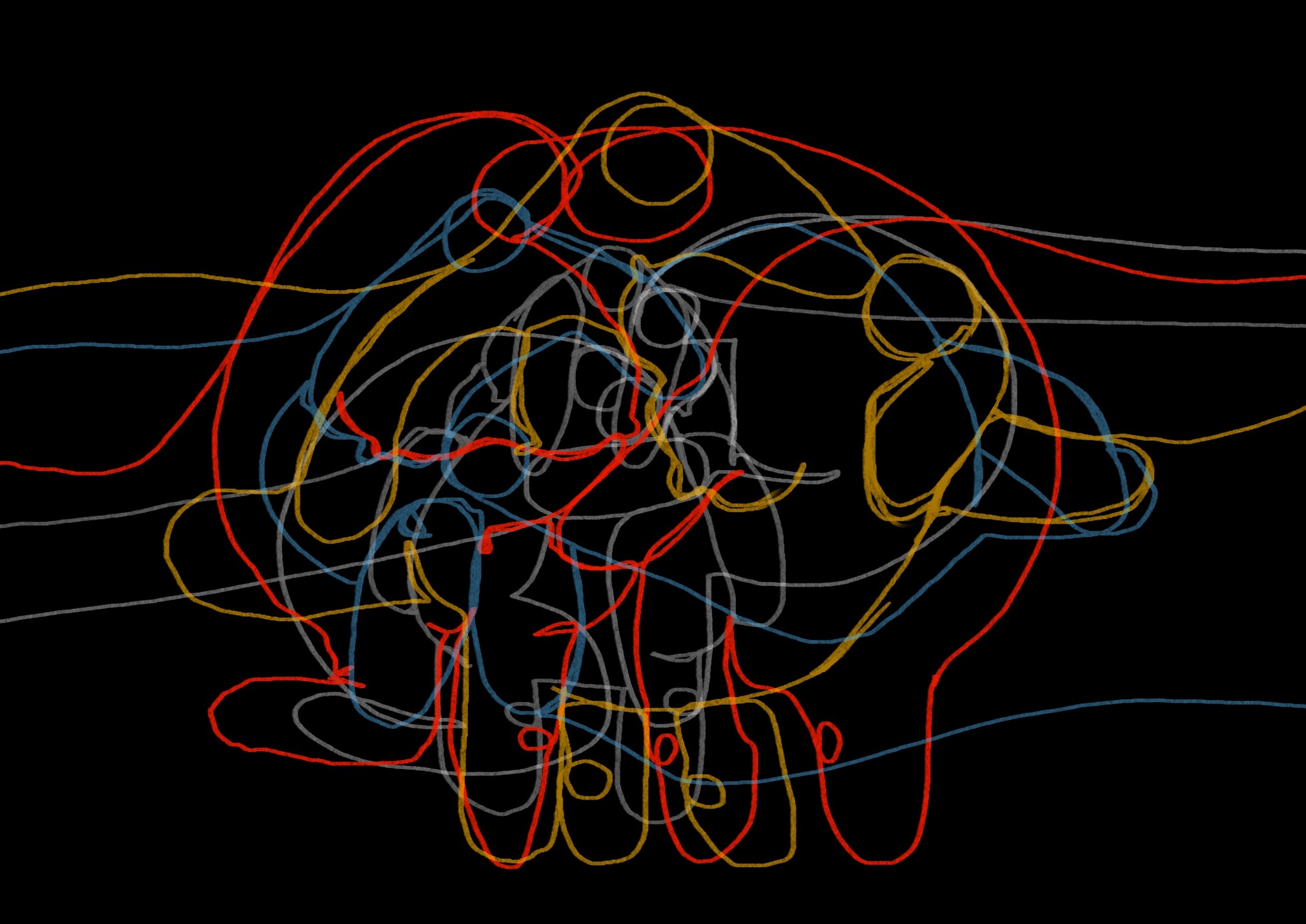 Abstrakcyjna ilustracja dłoni utworzona z wielokolorowych linii na czarnym tle, przypominająca szkic lub rysunek odręczny.