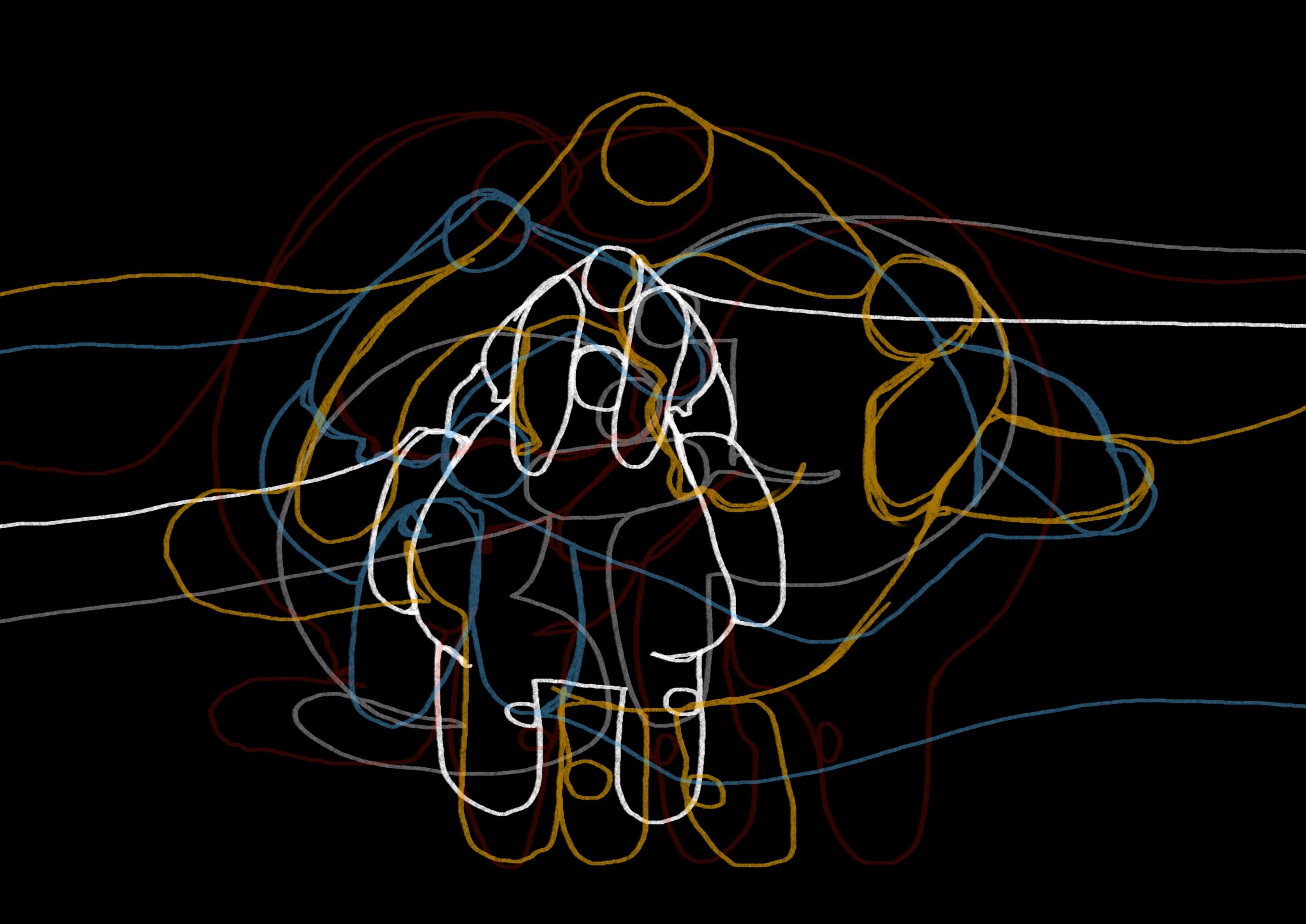 Abstrakcyjna grafika przedstawiająca zarys postaci ludzkiej wykonany białą linią na czarnym tle, z chaotycznie nałożonymi kolorowymi liniami w odcieniach żółci, czerwieni, szarości i błękitu.