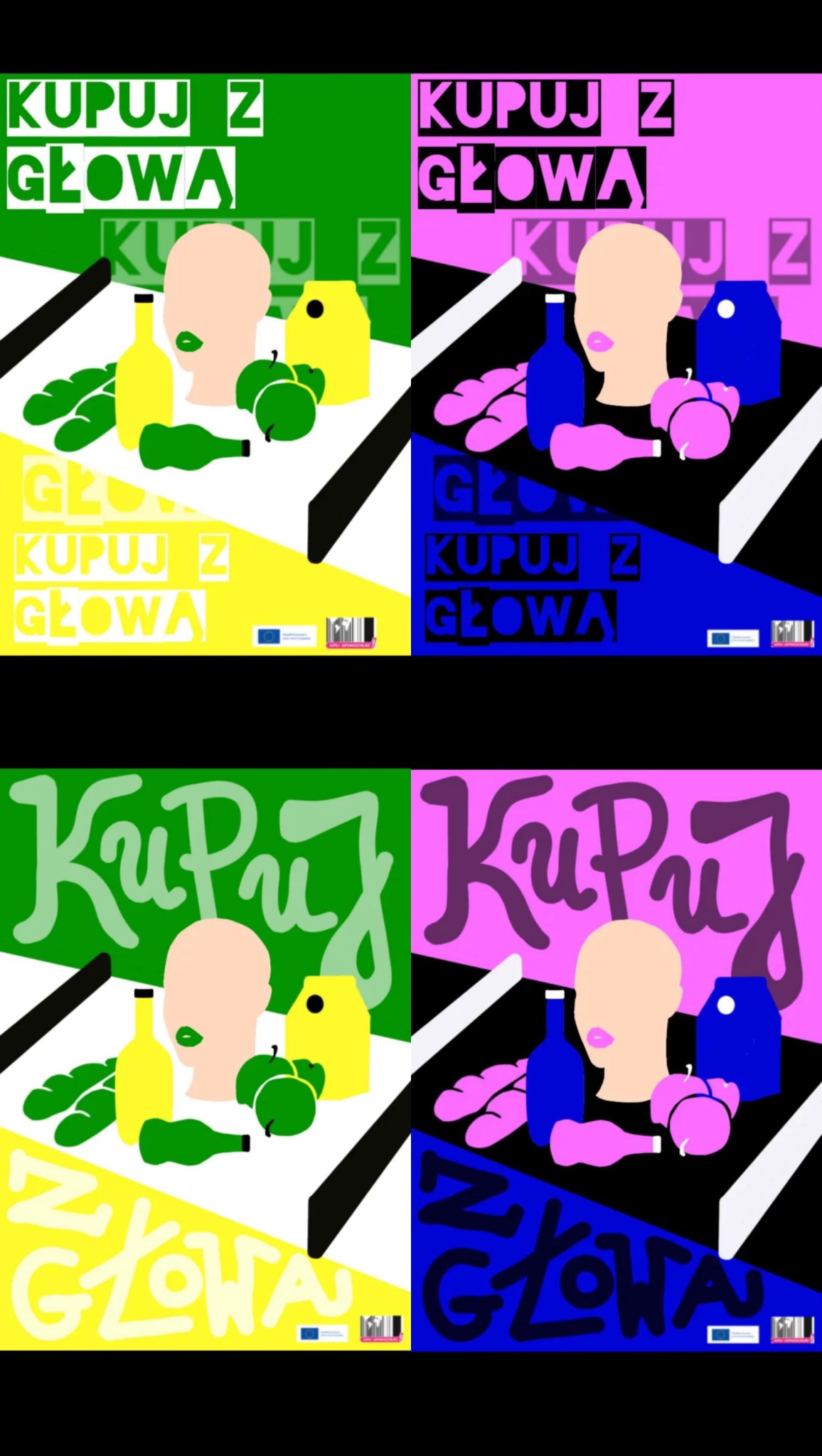 Grafika wektorowa z hasłem 'Kupuj z głową' w czterech wariantach kolorystycznych, prezentująca abstrakcyjne przedstawienie głowy, butelek i owoców na tle geometrycznych kształtów.