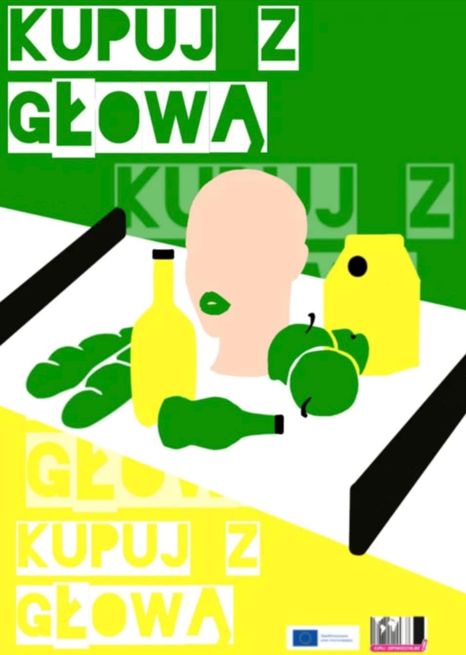 Abstrakcyjna grafika z hasłem 'Kupuj z głową', przedstawiająca stylizowane produkty spożywcze i zarys twarzy na zielono-żółtym tle.