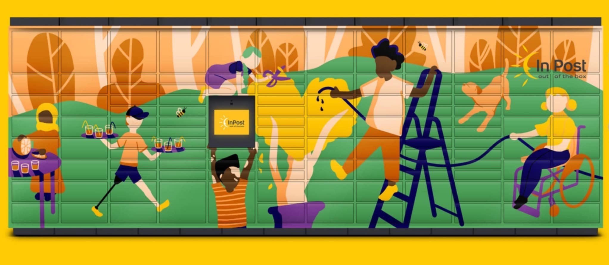 Ilustracja na ścianie paczkomatu InPost przedstawiająca różnorodne postacie, w tym osoby z niepełnosprawnościami, w dynamicznych scenach związanych z dostawą i odbiorem przesyłek, z elementami...