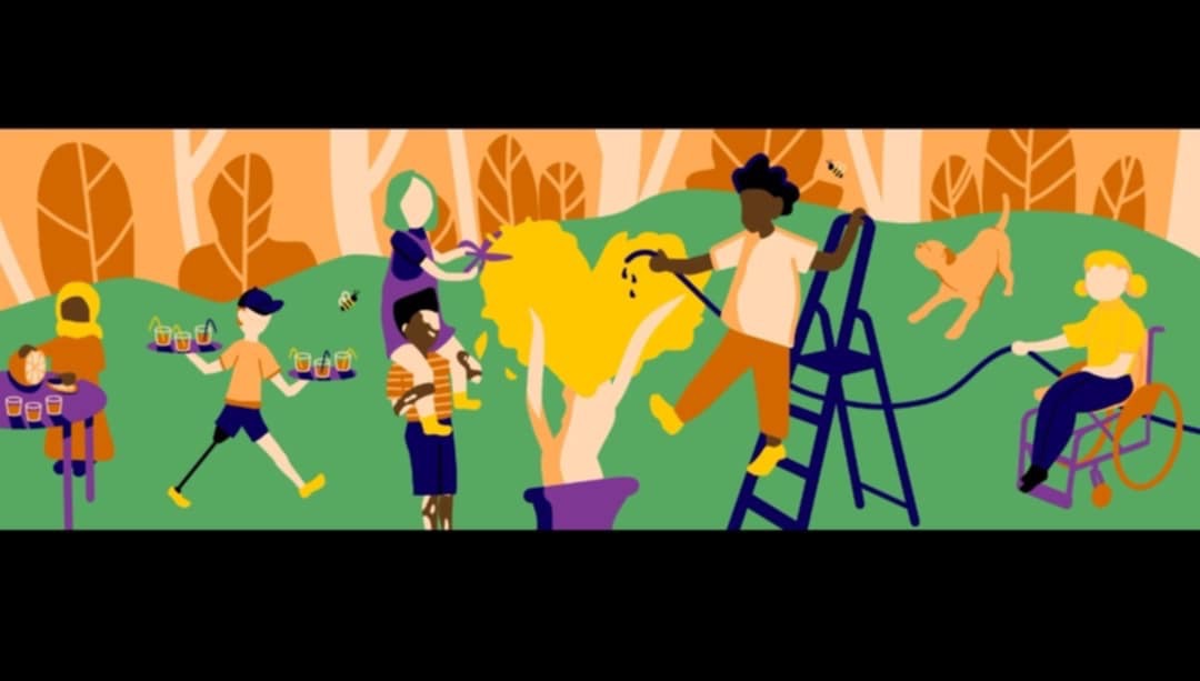 Ilustracja wektorowa przedstawia różnorodną grupę ludzi dbających o ogród: osoba podlewa drzewo w kształcie serca z drabiny, inna przycina je nożycami, a osoba na wózku inwalidzkim podlewa rośliny...