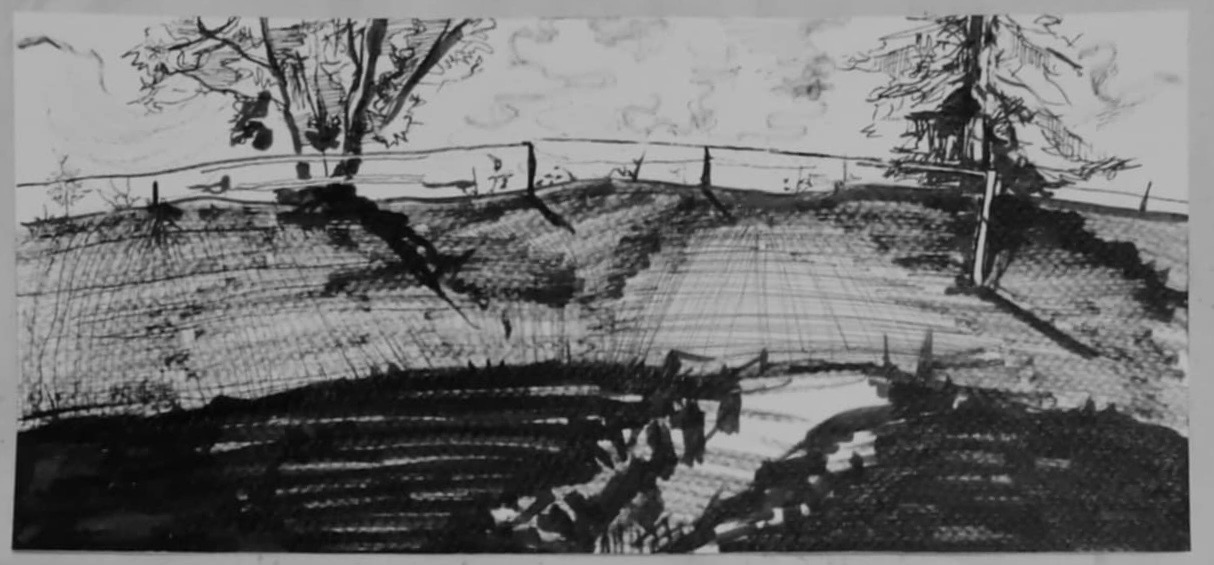 Czarno-biały szkic tuszem przedstawiający krajobraz z drzewami, pagórkami i płotem w tle, wykonany z użyciem kreskowania i plam.