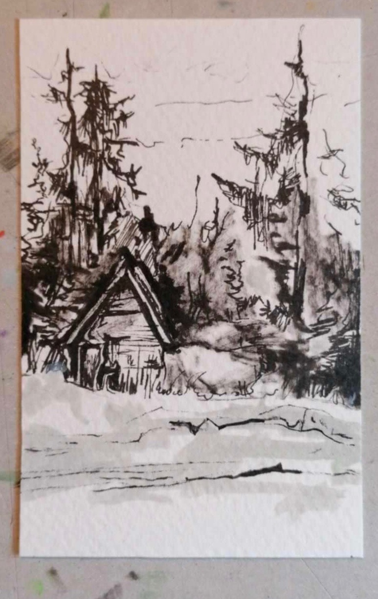Czarno-biały szkic tuszem przedstawiający chatę w lesie zimą, z widocznymi drzewami iglastymi i śniegiem. Użyto techniki szybkiego szkicowania z rozmytymi liniami i cieniowaniem.