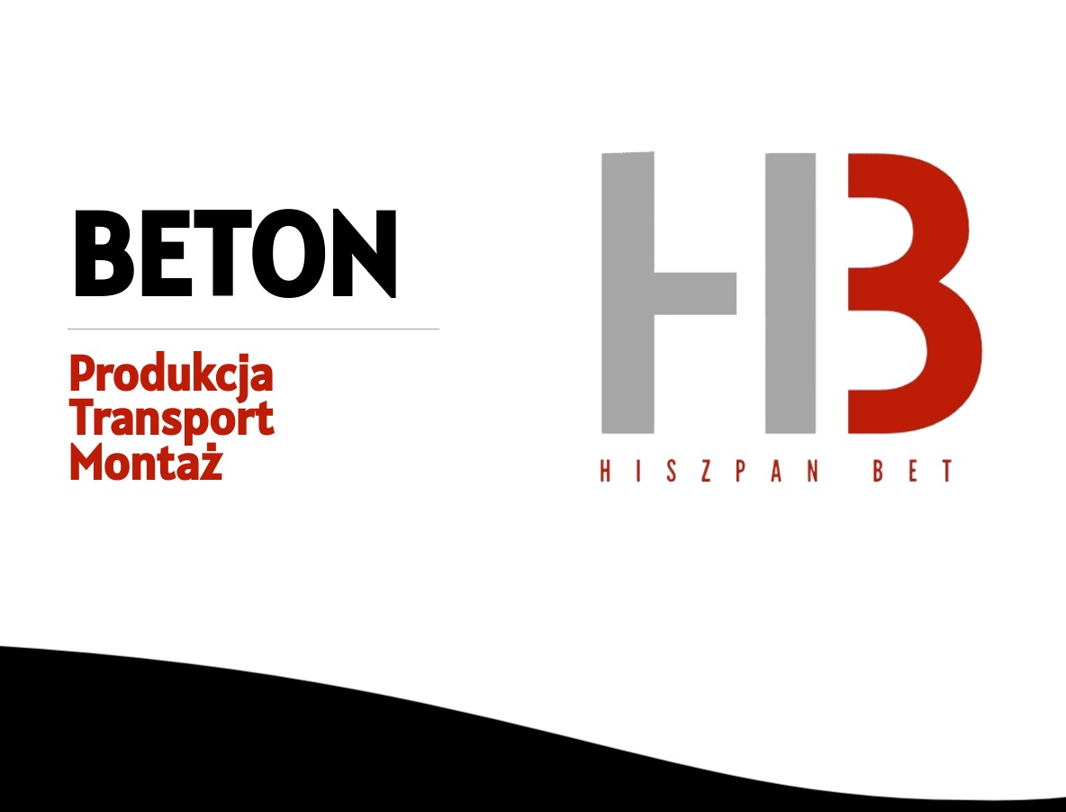 Projekt graficzny logo firmy Hiszpan Bet, prezentujący napis BETON w czerni oraz inicjały HB w kolorze szarym i czerwonym, z dopiskiem Produkcja Transport Montaż.