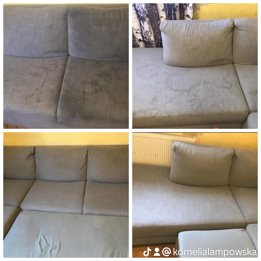 Kolaż przedstawiający fragment szarej, narożnej kanapy przed i po czyszczeniu. Widoczne plamy i zabrudzenia na materiale przed zabiegiem oraz czysta powierzchnia po nim.