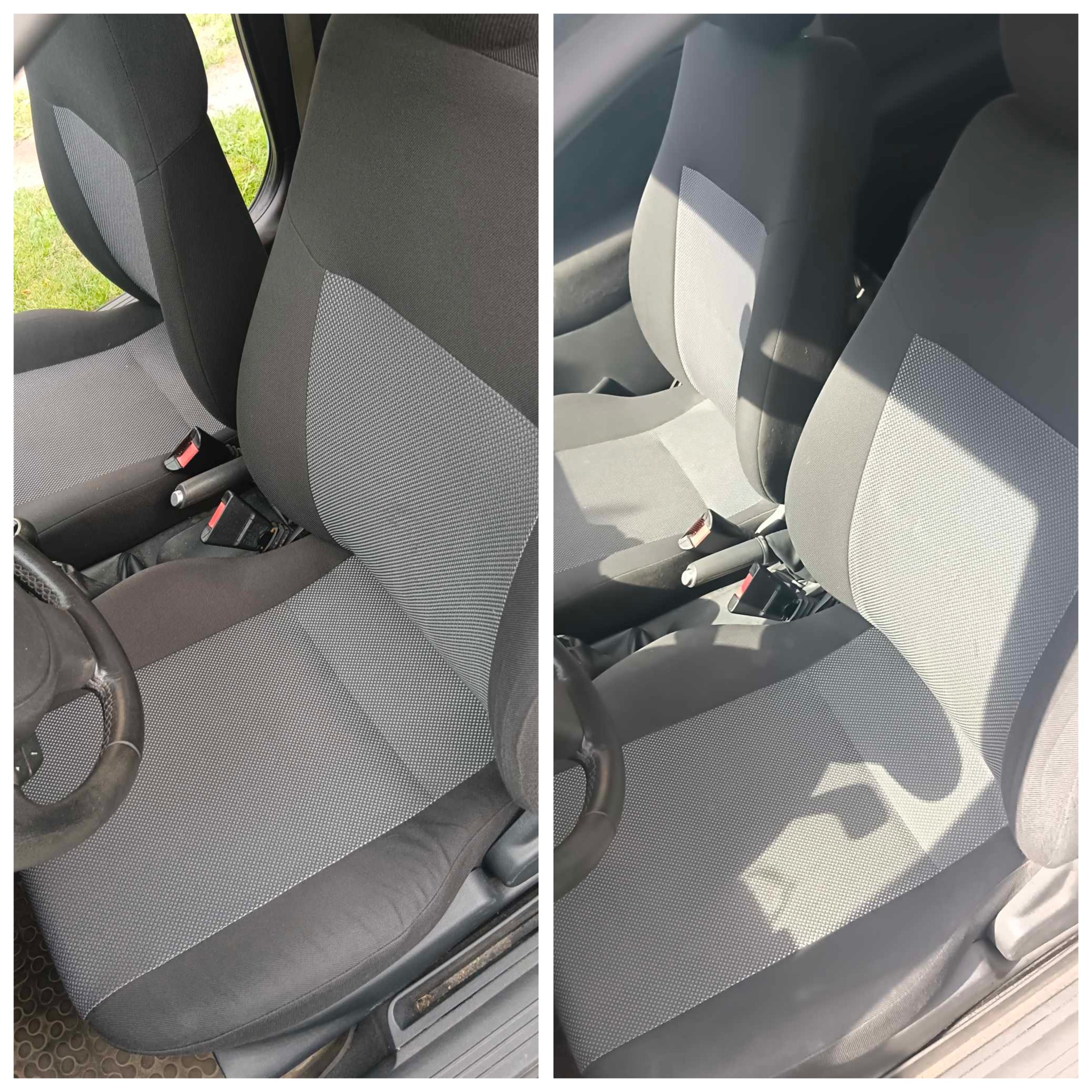 Porównanie fotela samochodowego przed i po czyszczeniu: po lewej stronie widoczny brudny fotel z plamami, po prawej stronie czysty fotel z odświeżonym kolorem.