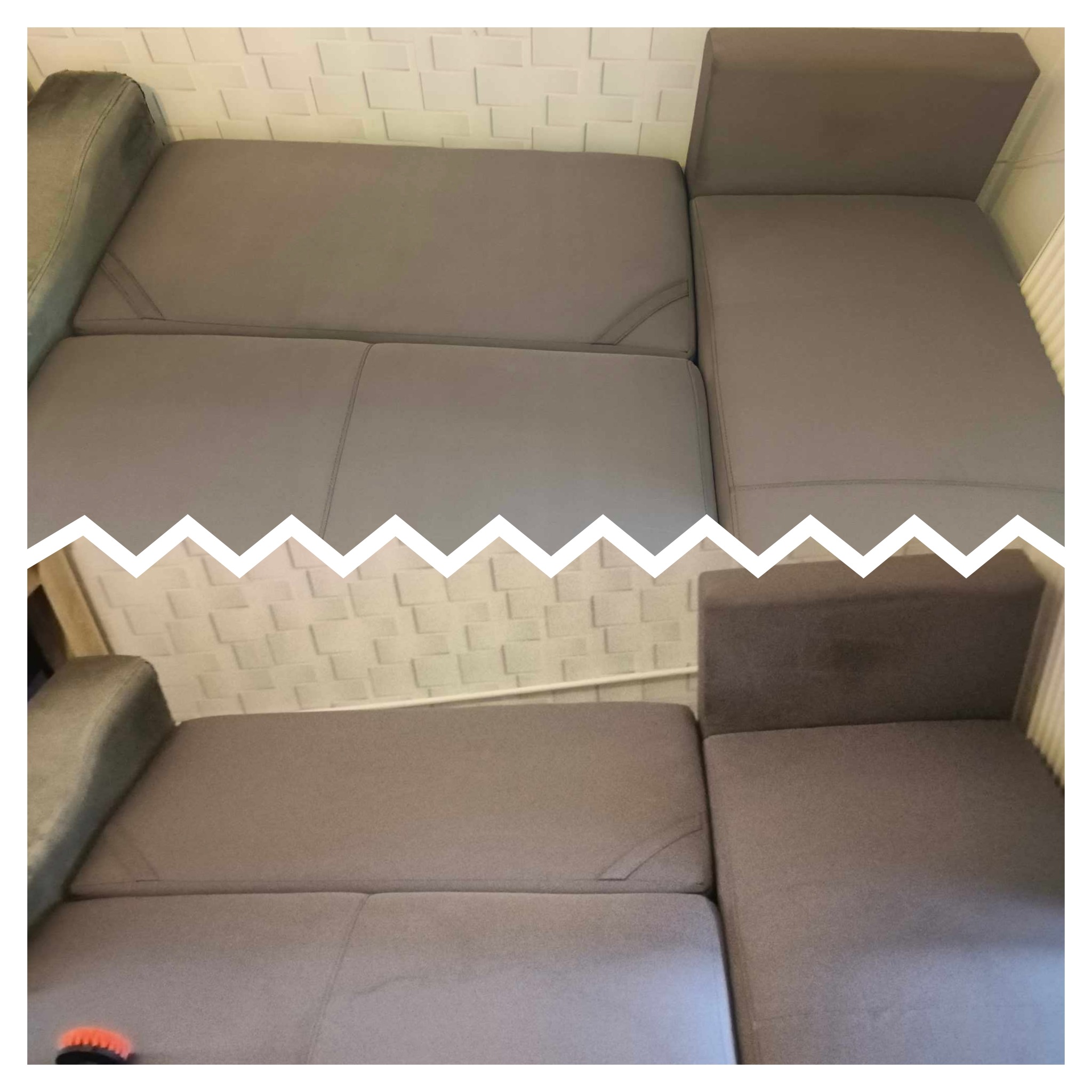 Porównanie stanu kanapy narożnej przed i po praniu, widoczne różnice w kolorze i czystości tapicerki, jasnoszary odcień tkaniny.