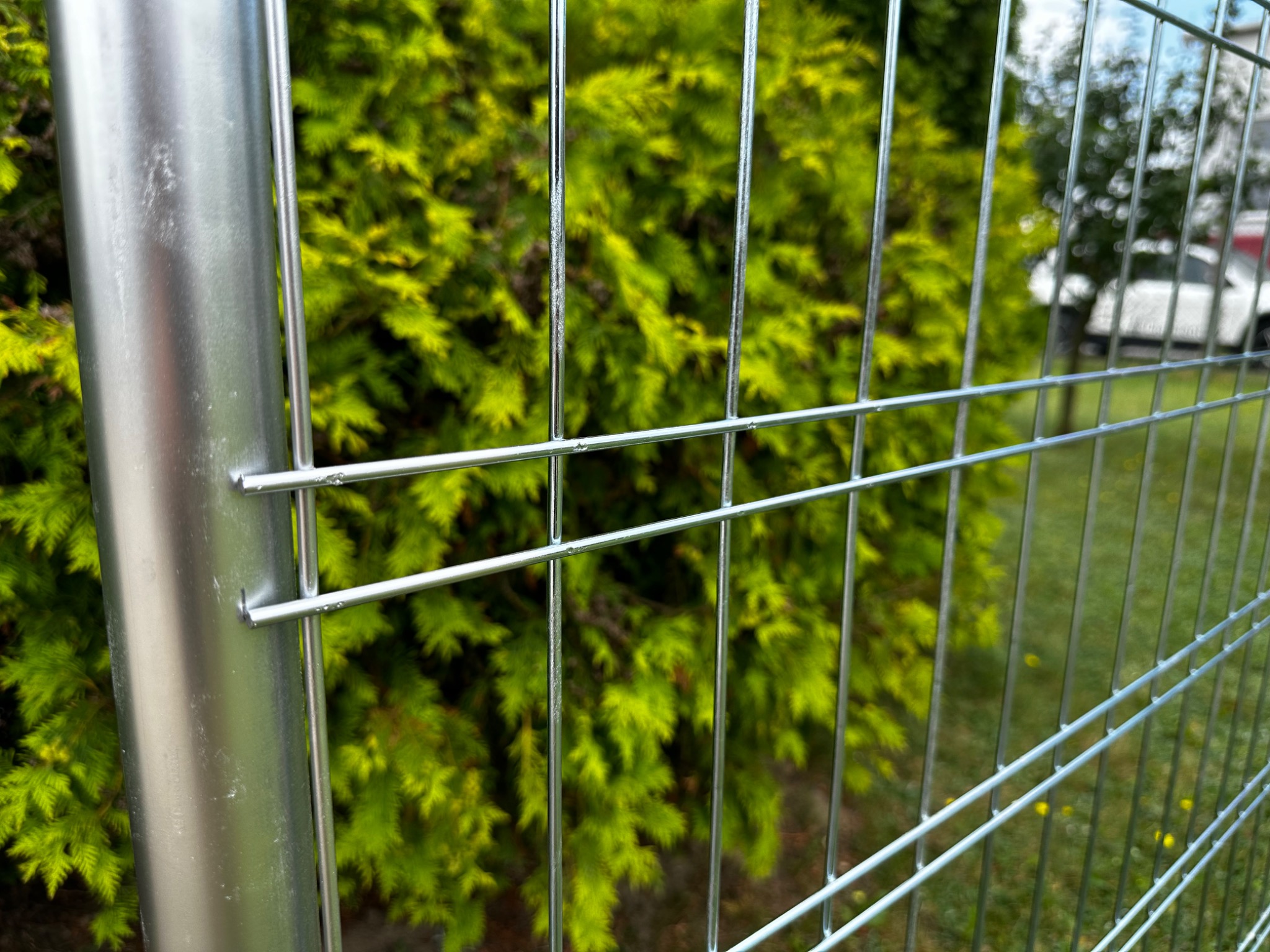 Fragment ogrodzenia panelowego z metalowym słupkiem na tle zielonego żywopłotu i rozmytego krajobrazu z samochodem w oddali.