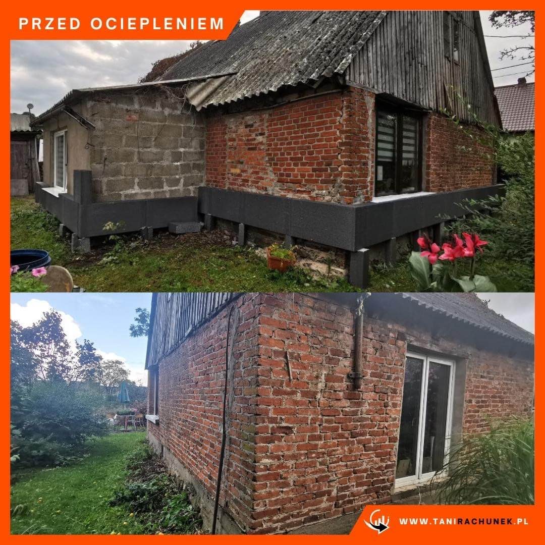 Dom przed i po: Część elewacji z cegły, część z szarego pustaka, dolna strefa zabezpieczona czarnymi płytami izolacyjnymi, widoczne kwiaty w doniczce i rabacie.