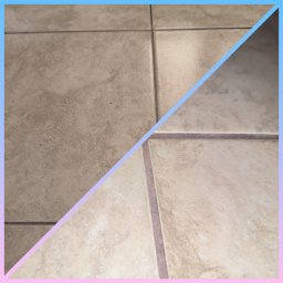 Magia Czystości Olga Grochowalska - Porównanie płytek podłogowych: część po lewej stronie jest matowa i zabrudzona, a część po prawej jest czysta i błyszcząca.