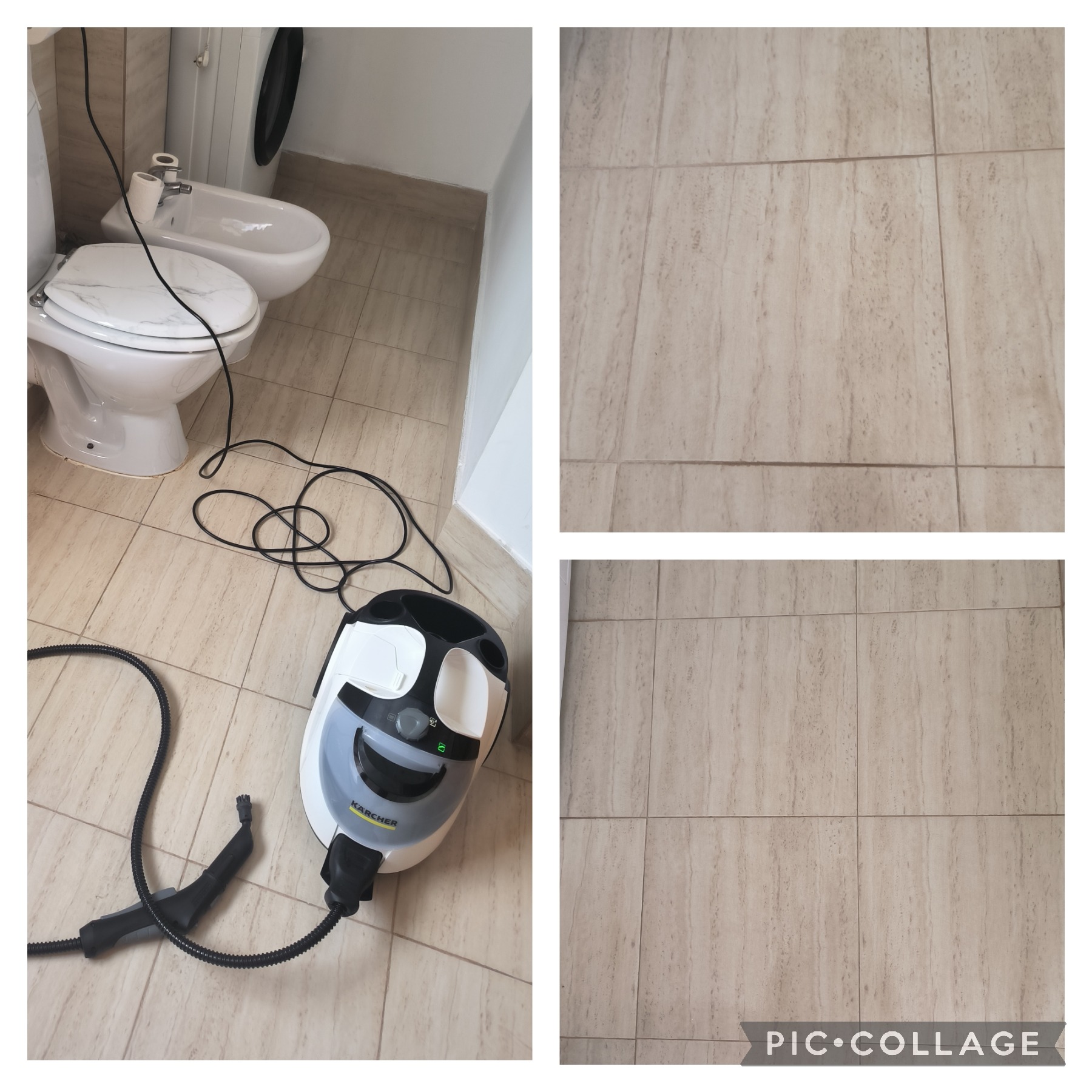 Czyszczenie fug na podłodze w łazience za pomocą parownicy Karcher; widoczne płytki przed i po czyszczeniu.