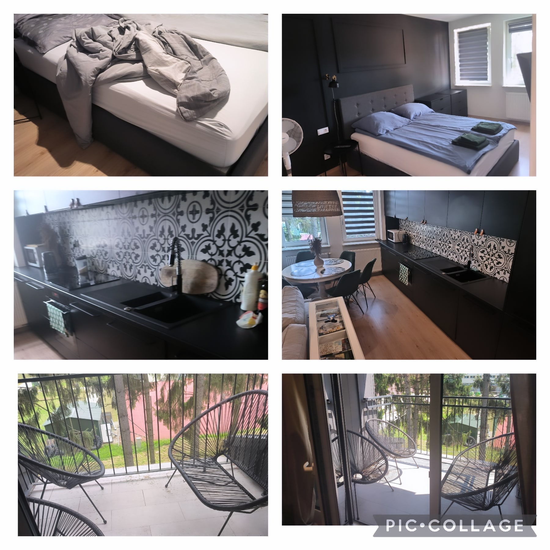 Kolaż zdjęć przedstawiający wnętrza: sypialnia z pościelą, czarna kuchnia z wzorzystymi płytkami i balkon z plecionymi krzesłami.