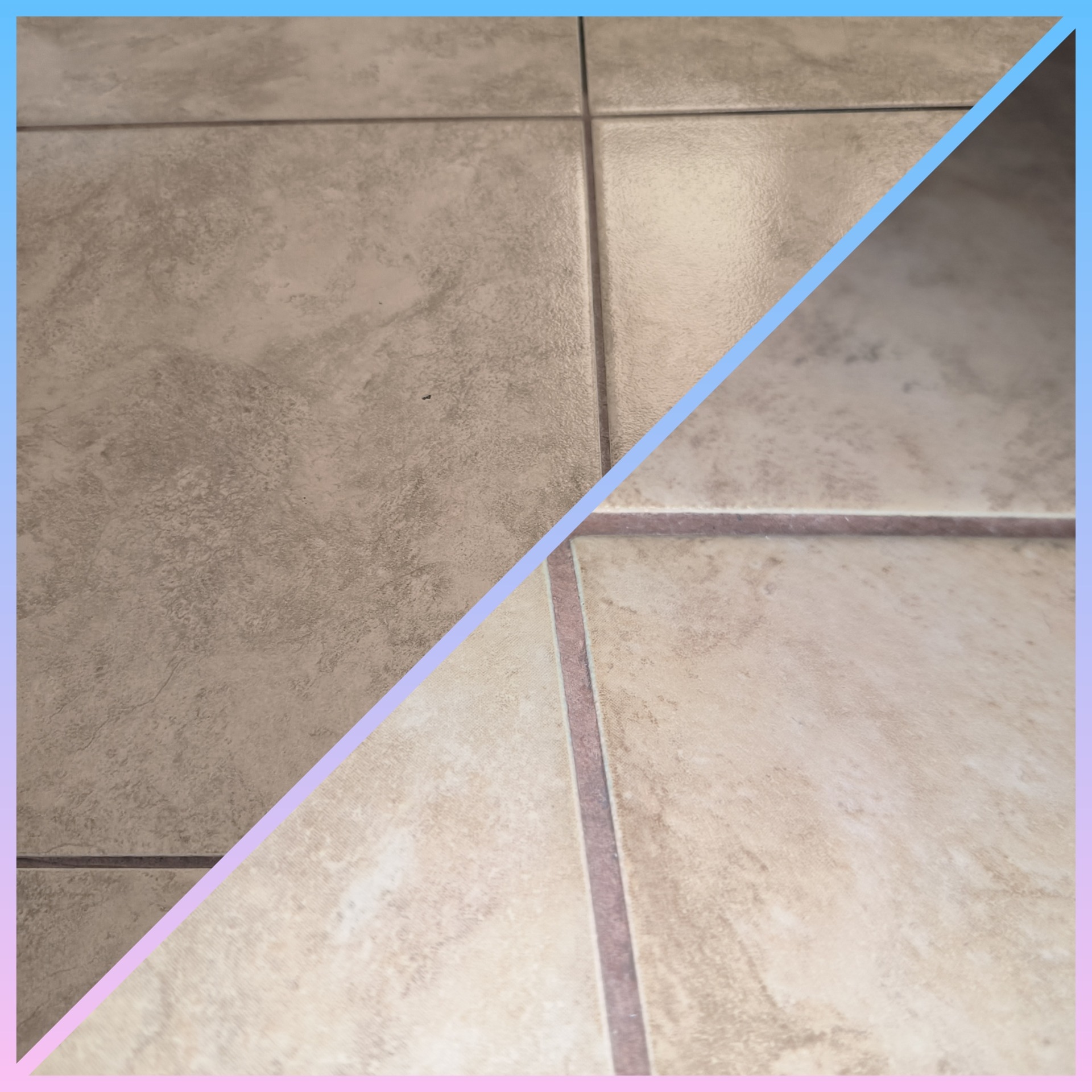 Porównanie płytek podłogowych: część po lewej stronie jest matowa i zabrudzona, a część po prawej jest czysta i błyszcząca.