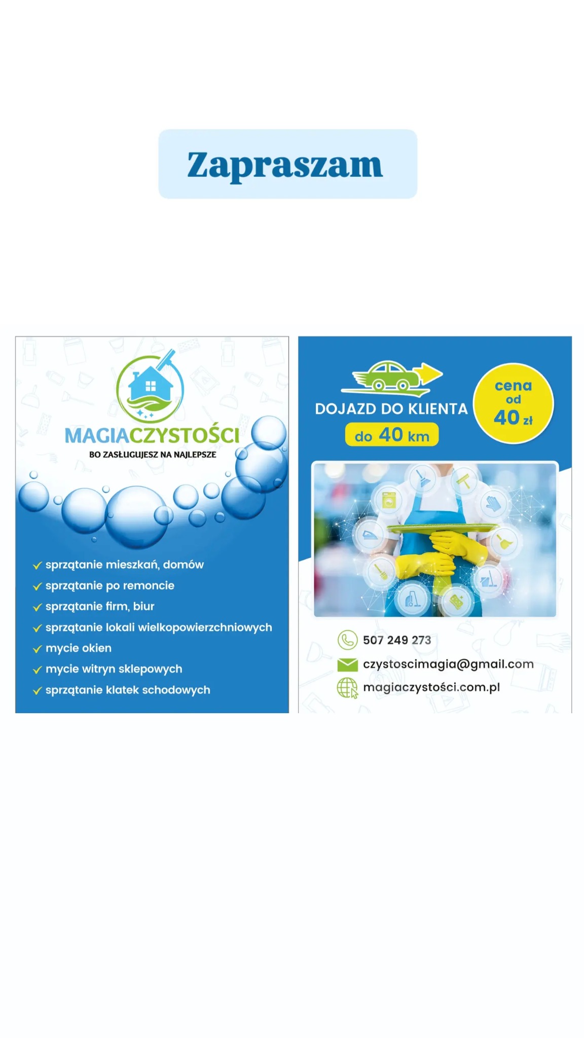 Reklama firmy sprzątającej Magia Czystości z informacją o dojeździe do klienta do 40 km i cenie od 40 zł, oferującej sprzątanie mieszkań, po remoncie, biur, lokali, mycie okien i witryn,...