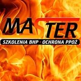 Czerwono-białe logo firmy MASTER na tle płomieni ognia. Pod napisem MASTER znajduje się napis SZKOLENIA BHP - OCHRONA PPOŻ.