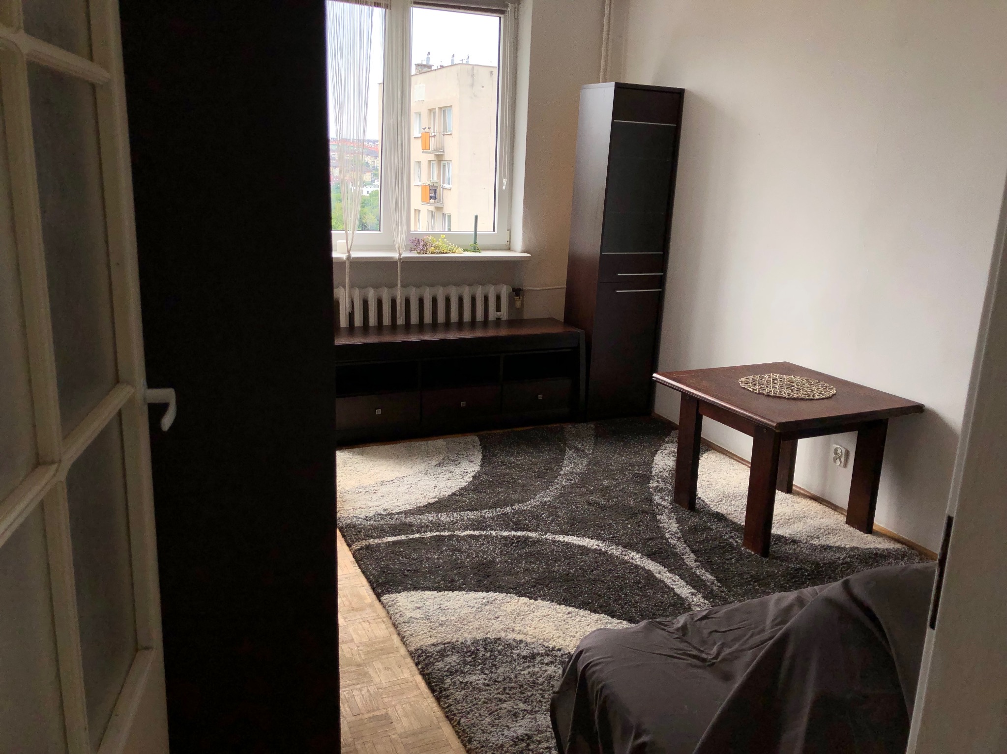 Umeblowany pokój dzienny z wzorzystym dywanem, drewnianym stolikiem kawowym i szafką RTV pod oknem, widok zza uchylonych drzwi.