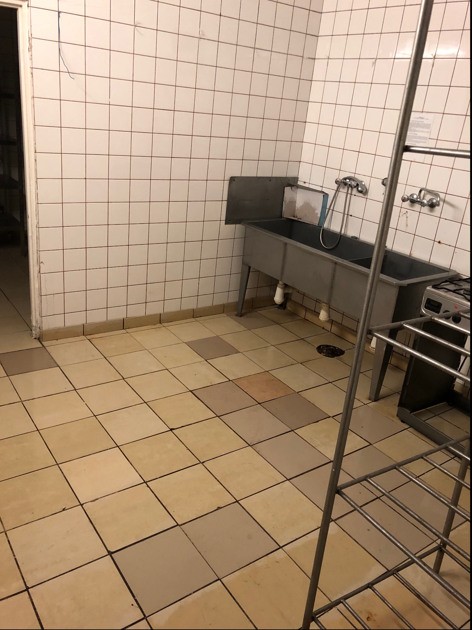 Kuchnia przemysłowa z dwukomorowym zlewem ze stali nierdzewnej, wyłożona białymi kafelkami, widoczny odpływ w podłodze i metalowy regał.