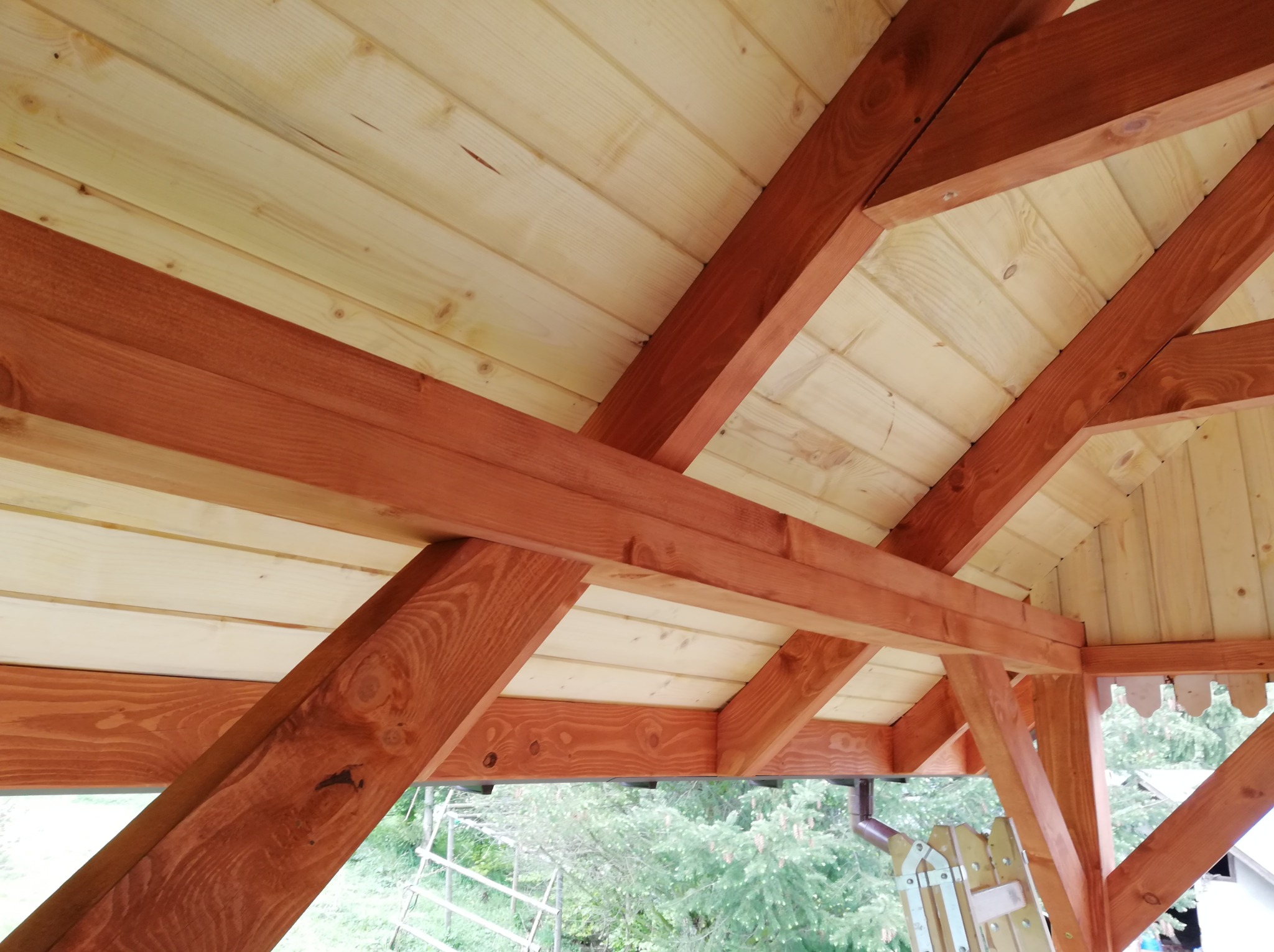 Wnętrze drewnianej altany z widoczną konstrukcją dachu, jasne deski podsufitki i ciemniejsze, bejcowane belki nośne, widok na zewnątrz przez niezabudowaną ścianę.